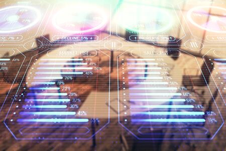 Business theme hologram on conference room interior background. Double exposure. Concept of...