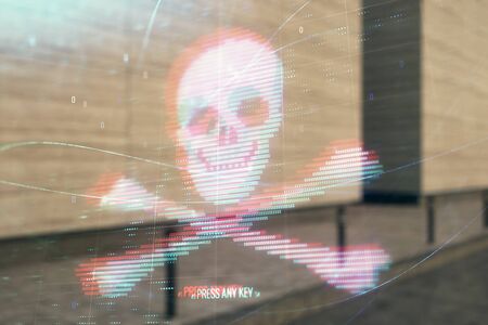 Double exposure of hacking theme hologram on empty exterior background. Data security concept