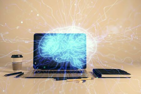 Brain sketch hologram with desktop office background. Double exposure. Brainstorm concept.