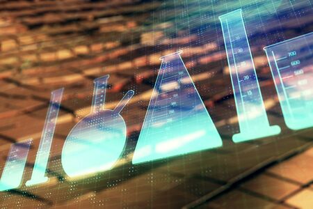 Flasks hologram with abstract background. Multi exposure. Concept of studyの写真素材