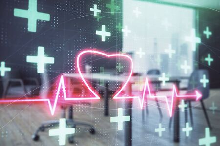 Heart hologram with minimalistic cabinet interior background. Double exposure. Medical education concept.の写真素材