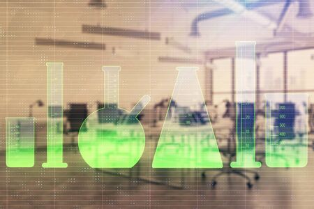 Flasks hologram with office interior on background. Double exposure. Concept of educationの写真素材