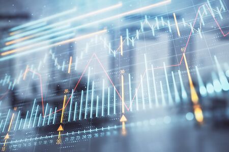 Stock market chart with trading desk bank office interior on background. Double exposure. Concept of financial analysisの写真素材