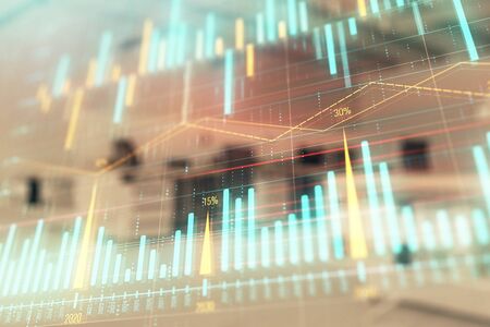Stock market chart with trading desk bank office interior on background. Double exposure. Concept of...