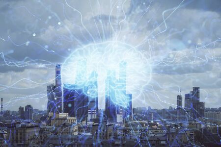 Double exposure of human brain drawing on Moscow cityscape background. Concept of data analysis