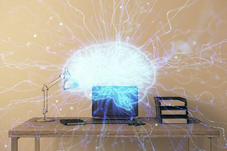 Brain sketch hologram with desktop office background. Double exposure. Brainstorm concept.の写真素材