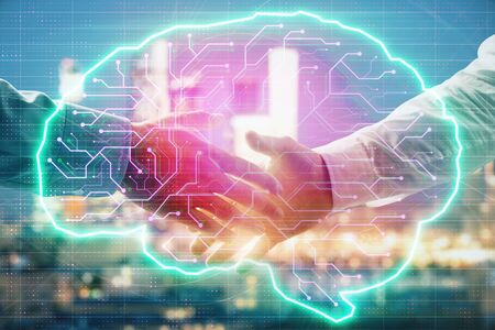 Double exposure of human brain drawing on city view background with handshake. Concept of brainstorm