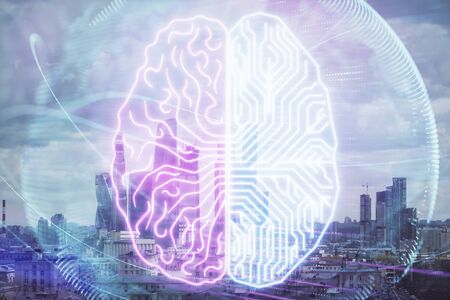 Double exposure of human brain drawing on Moscow cityscape background. Concept of data analysis