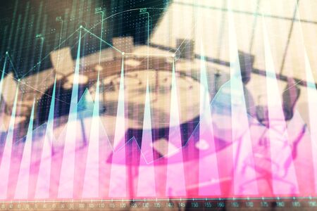 Double exposure of forex chart on conference room background. Concept of stock market analysisの写真素材