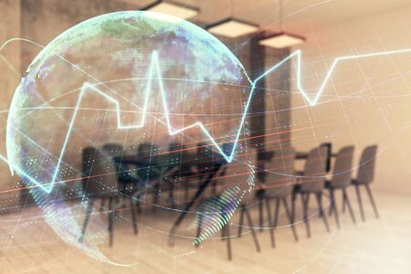 Double exposure of stock market graph with globe hologram on conference room background. Concept of...