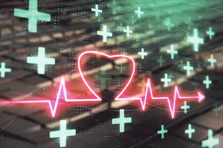 Heart hologram with abstract background. Multi exposure. Concept of medical educationの写真素材