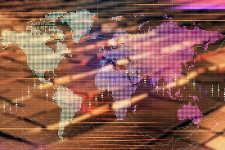 Financial chart hologram with globe and abstract background. Double exposure. Concept of market...