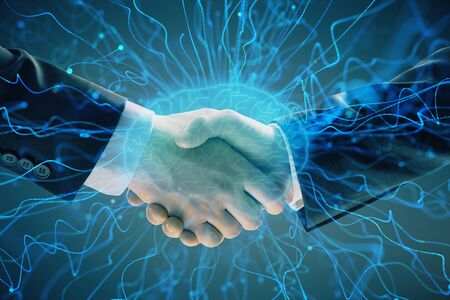 Multi exposure of human brain drawing on abstract background with two men handshake. Concept of data...