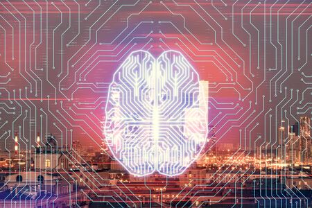 Double exposure of human brain drawing on Moscow cityscape background. Concept of data analysis