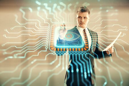 Businessman and abstract tech drawing. Double exposure. Concept of technology innovationの写真素材