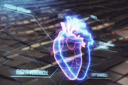 Heart hologram with abstract background. Multi exposure. Concept of medical education