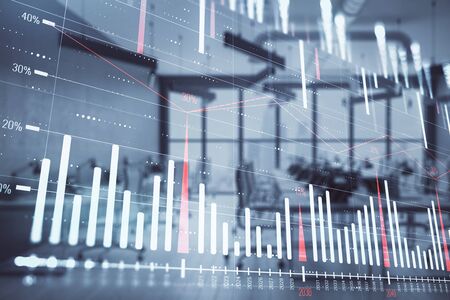 Stock and bond market graph with trading desk bank office interior on background. Multi exposure. Concept of financial analysisの写真素材