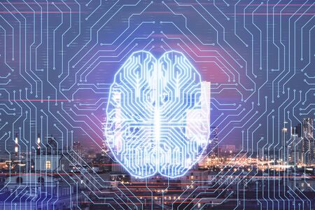 Double exposure of human brain drawing on Moscow cityscape background. Concept of data analysis