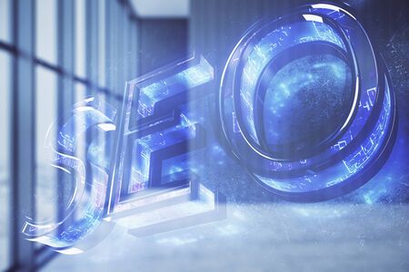 Double exposure of seo icon hologram on empty room interior background. Data concept.の写真素材