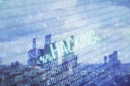 Double exposure of hacking theme drawing hologram on cityscape background. Concept of data cyber piracyの写真素材