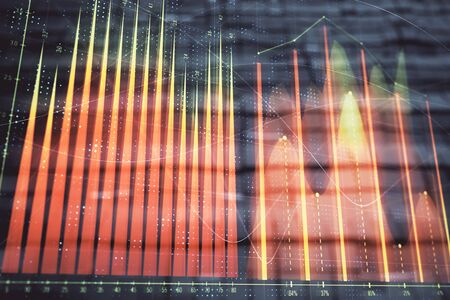 Financial chart hologram with abstract background. Double exposure. Concept of market analysisの写真素材