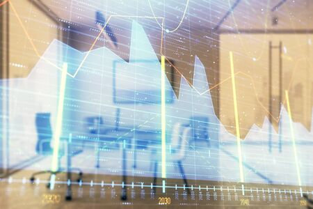 Business theme graph hologram with minimalistic cabinet interior background. Double exposure. Stock market concept.の写真素材
