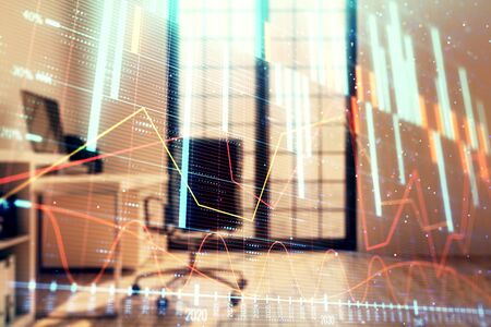Forex chart hologram with minimalistic cabinet interior background. Double exposure. Stock market concept.の写真素材