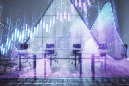 Double exposure of forex chart on conference room background. Concept of stock market analysisの写真素材