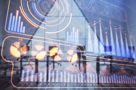 Business theme hologram on conference room interior background. Double exposure. Concept of brainstorming in business.の写真素材