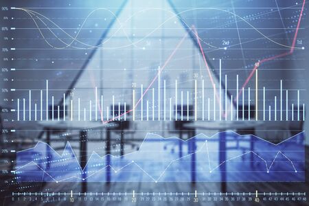 Double exposure of forex chart on conference room background. Concept of stock market analysisの写真素材