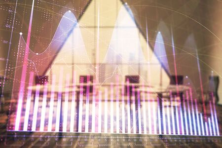 Double exposure of forex chart on conference room background. Concept of stock market analysisの写真素材