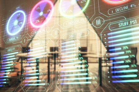 Business theme hologram on conference room interior background. Double exposure. Concept of brainstorming in business.の写真素材