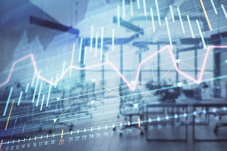 Stock and bond market graph with trading desk bank office interior on background. Multi exposure. Concept of financial analysisの写真素材