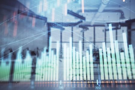 Stock and bond market graph with trading desk bank office interior on background. Multi exposure. Concept of financial analysisの写真素材