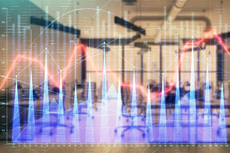 Stock and bond market graph with trading desk bank office interior on background. Multi exposure. Concept of financial analysisの写真素材