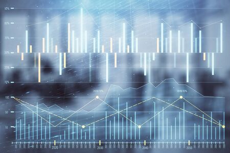 Stock and bond market graph with trading desk bank office interior on background. Multi exposure. Concept of financial analysisの写真素材