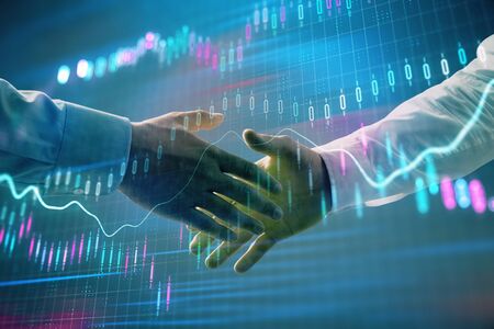 Multi exposure of forex graph on abstract background with two businessmen handshake. Concept of...