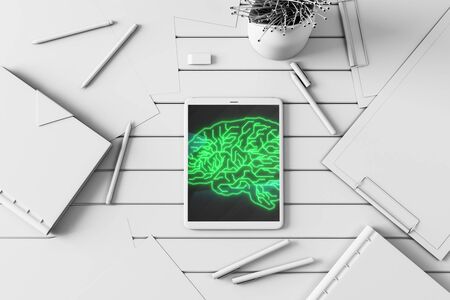 Digital tablet closeup with brain drawing on screen. Data technology concept. 3d rendering.の写真素材