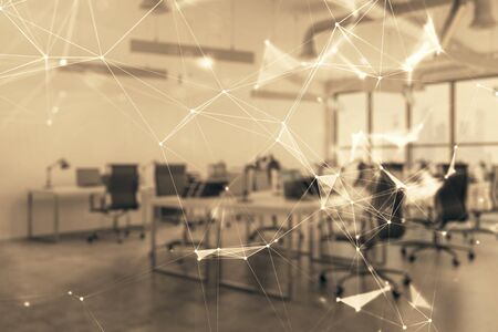 Technology theme drawing with office interior on background. Multi exposure. Concept of innovation