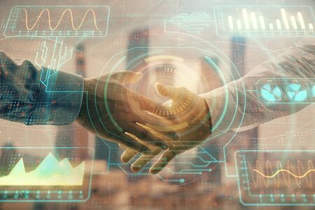 Double exposure of abstract technology drawing on cityscape background with two businessmen...