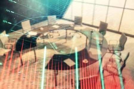Double exposure of forex chart on conference room background. Concept of stock market analysisの写真素材