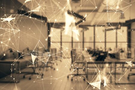 Technology theme drawing with office interior on background. Multi exposure. Concept of innovation
