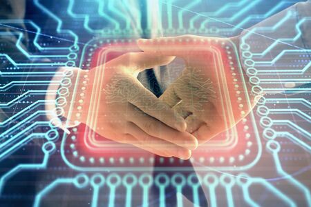 Multi exposure of human brain drawing on abstract background with two men handshake. Concept of data technology in businessの写真素材