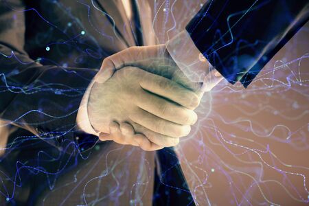 Multi exposure of human brain drawing on abstract background with two men handshake. Concept of data technology in businessの写真素材
