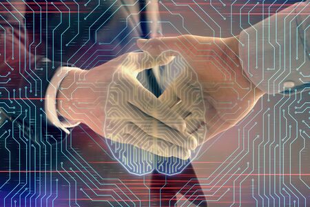 Multi exposure of human brain drawing on abstract background with two men handshake. Concept of data...