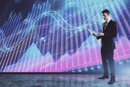Businessman and forex graph hologram. Double exposure. Concept of financial education and analysisの写真素材
