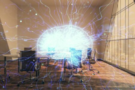Double exposure of brain drawing hologram on conference room background. Concept of data analysis