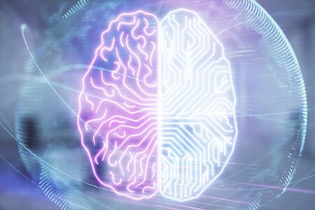 Human brain drawing with office interior on background. Double exposure. Concept of innovation.の写真素材