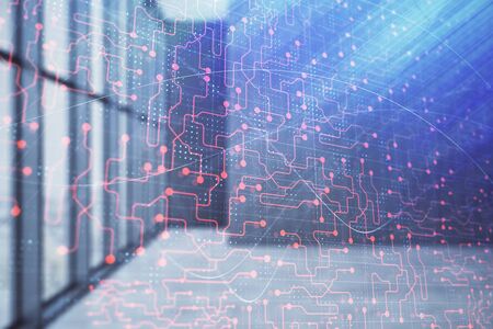 Double exposure of abstract technology hologram on empty room interior background.