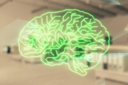 Human brain drawing with office interior on background. Double exposure. Concept of innovation.の写真素材